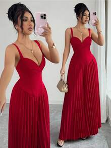 Elenzga Elegant Urban Chic New Women's Burgundy Heart Neck Sleeveless Pleated Slim Ankle-Length Jumpsuit, Suitable For Daily Wear, Weddings, Galas, Commuting, Graduation Parties, Holidays, Dates, Parties, Halloween, Christmas, New Year, Thanksgiving, Weddings - Red - View 1