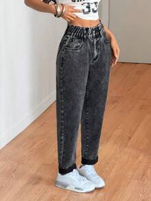 SHEIN PETITE 夏季小码女式休闲水洗高弹力腰带松紧腰休闲女式黑色水洗锥形牛仔裤 - 黑色 - 查看 4