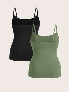 SHEIN Essnce Áo Camisole dài màu đen thoải mái, đa năng, phù hợp cho cả bốn mùa, quần áo nữ cỡ lớn, quần áo mùa thu, áo ôm dáng, áo đen, áo camisole nữ. - Nhiều màu - Xem 2