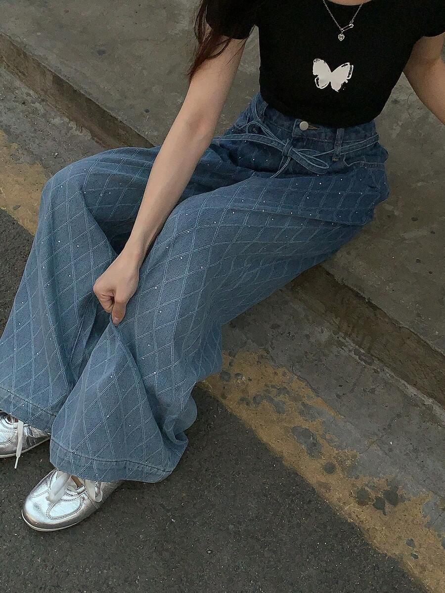 DAZY 女士格子水钻做旧系带休闲牛仔裤 - 藍色 - 查看 1