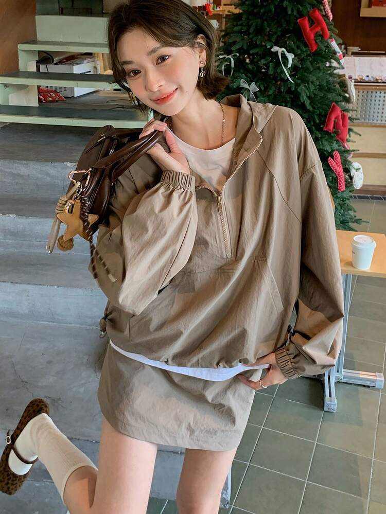 2pcs Women's High-End Long Sleeve Hooded Windbreaker Jacket And Skirt Set