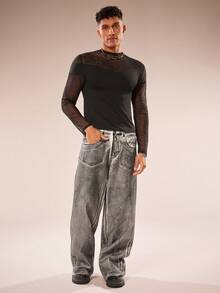 FeverCity Men's Semi-Transparent Mesh Patchwork Round Neck Pullover Long-Sleeved T-Shirt - Black - View 3