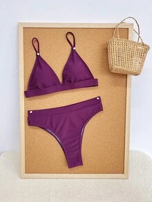 Swim Basics Women's Solid Color Minimalist Bra And High Cut Bikini Bottoms Set, Suitable For Vacation And Beach - Purple - View 4