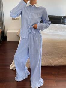 DAZY Women's Contrast Color Collar Patchwork Polka Dot Fabric Ruffle Trim Pajama Set - Blue - View 9