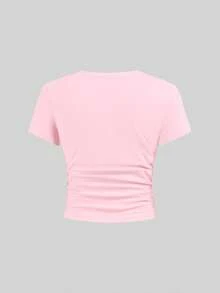 SHEIN Girlism Tween Girls' Fitted Casual Round Neck Short Sleeve T-Shirt With Side Ruffle And Hair Scrunchie - Baby Pink - View 7