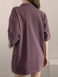DAZY Women's Distressed Collar Half-Zip Emblem T-Shirt Summer - Purple - View 3