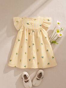 Souflis Souflis Đầm ngắn tay in họa tiết kẻ caro thắt nơ cho bé gái - Màu vàng - Xem 3