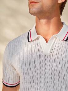 Manfinity CityGents Atasan Rajut Lengan Pendek Kasual Kancing Motif Garis Kontras Pria, Polo Rajut Kancing Gaya Kampus, Kemeja Rajut Pria - MultiWarna - View 3