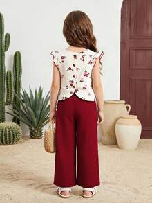 Vintaside Kids Bộ áo thun tay ngắn cài cúc sau lưng họa tiết hoa nhí cổ điển dành cho bé gái, gồm áo thun và quần dài. - Màu Đỏ Sâu - Xem 5