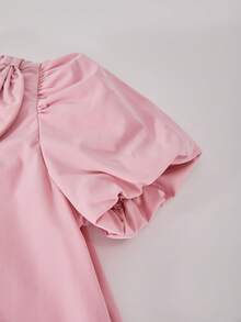 ChillGRL Girls Elegant Puff Sleeve Dress, Featuring 3D Bow, Embroidered Sequin Chest Flower, Mesh Ruffle Trim, Comes With Handbag, Suitable For Casual Wear In Spring/Summer - Pink - View 9