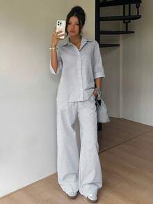 SHEIN EZwear 女士休闲度假通勤条纹印花宽松上衣和阔腿裤套装，春夏秋季 - 黑與白 - 查看 6