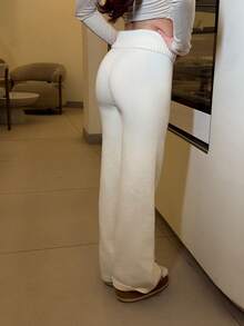 Abrilcols Women's Autumn And Winter Clothing Home Simple Comfortable Sweet Casual Thermal Lined Warm White Double-Layer Waist Design Buttons Asymmetrical Beige Simple Sweater Trousers, Daily Wear,Fall - White - View 6