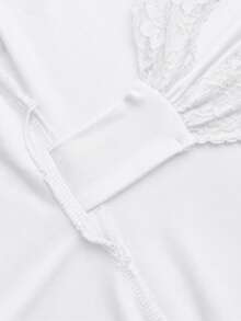 Sweetra Áo thun nữ cổ chữ V phối ren đan chéo, thích hợp cho đầu thu. - trắng - Xem 7