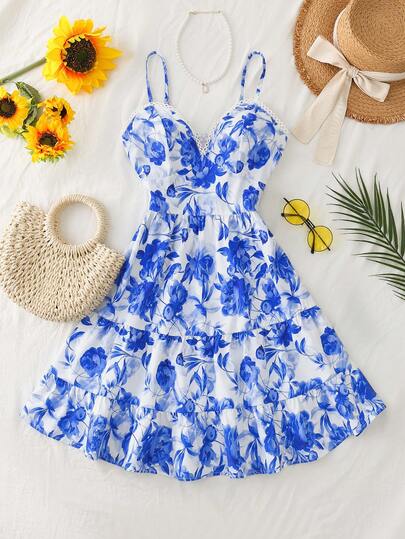 GlowEve Printed Casual Vacation Daily Matching V-Neck Lace Trim Camisole Dress For Women, Suitable For Beach Holiday