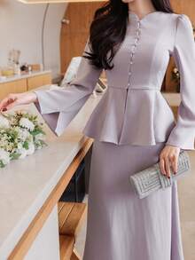 DAZY 女士优雅纯色泡泡袖上衣和半裙两件套，春夏婚礼宾客礼服 - 紫色 - 查看 5