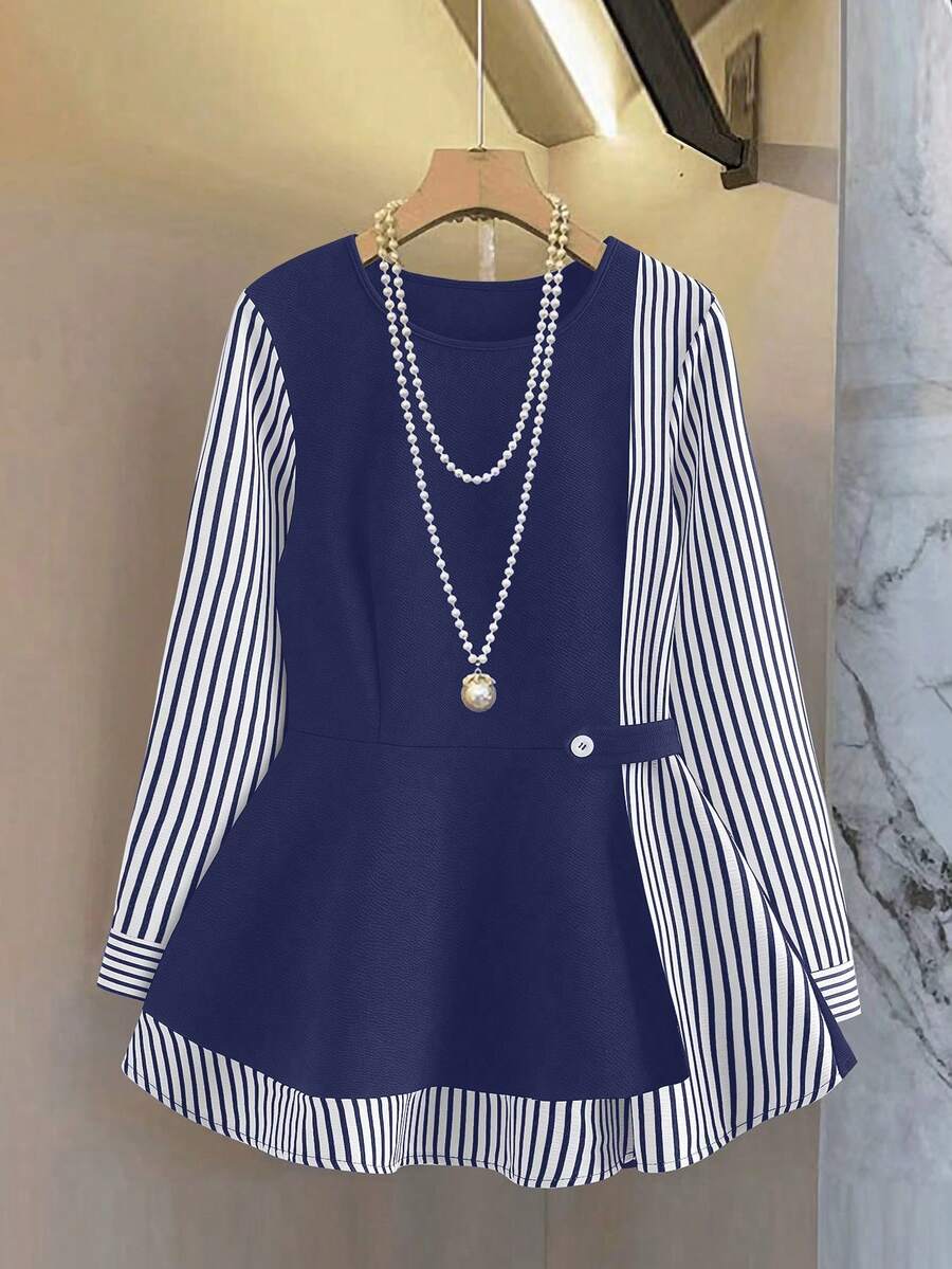 GlowEve Women's New Striped Patchwork Round Neck Long Sleeve Waist Cinched Fashionable Casual Blouse - Royal Blue - View 1