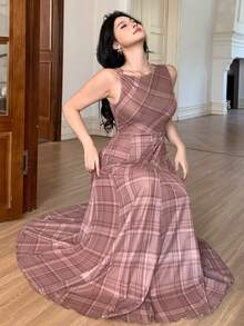 DAZY 女士优雅印花圆领无袖不对称中长连衣裙，夏季 - 棕色 - 查看 5