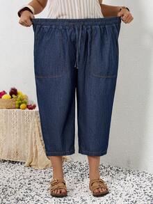 EMERY ROSE Mature Denim 大码女式腰带口袋宽松休闲七分牛仔裤，情人节、夏季、海滩、派对、优雅聚会、外出、春夏度假户外休闲牛仔裤，透气夏季 - 藍色 - 查看 5