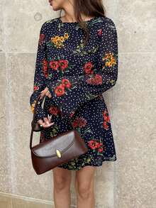 Pariaura Women's Polka Dot Rose Flower Backless Bow Tie Dress, Spring/Autumn Dress, Navy Blue Dress, Suitable For Festivals, Dates, Gatherings - Navy Blue - View 3