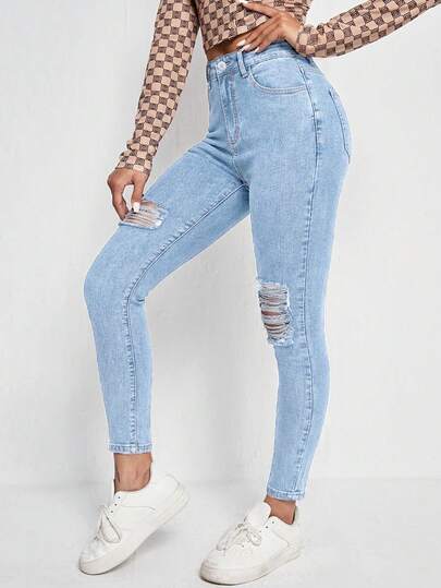 SHEIN ICON Quần jean denim dáng ôm, cạp cao, rách, túi xéo, kiểu dáng thường ngày.