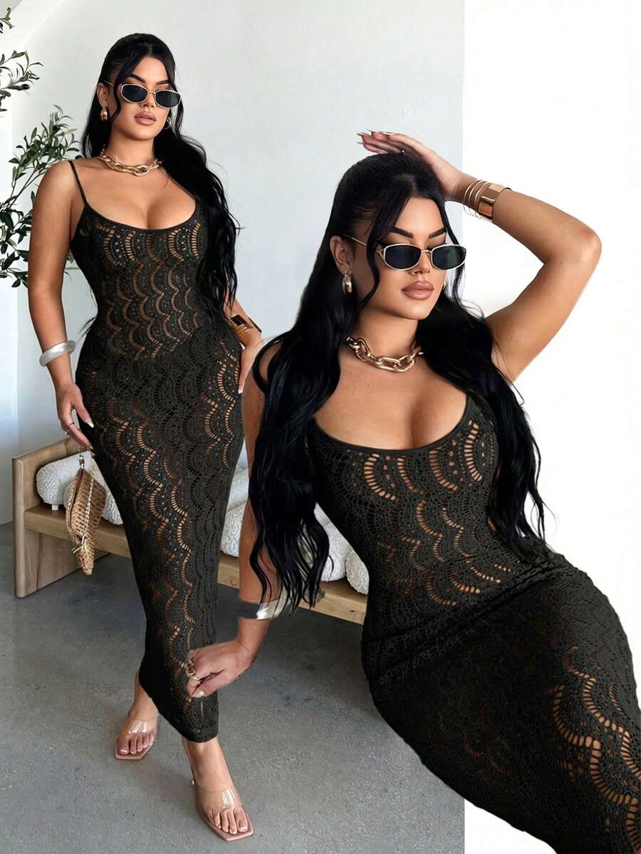 SHEIN SXY 女士性感纯色镂空紧身吊带裙 - 黑色 - 查看 1