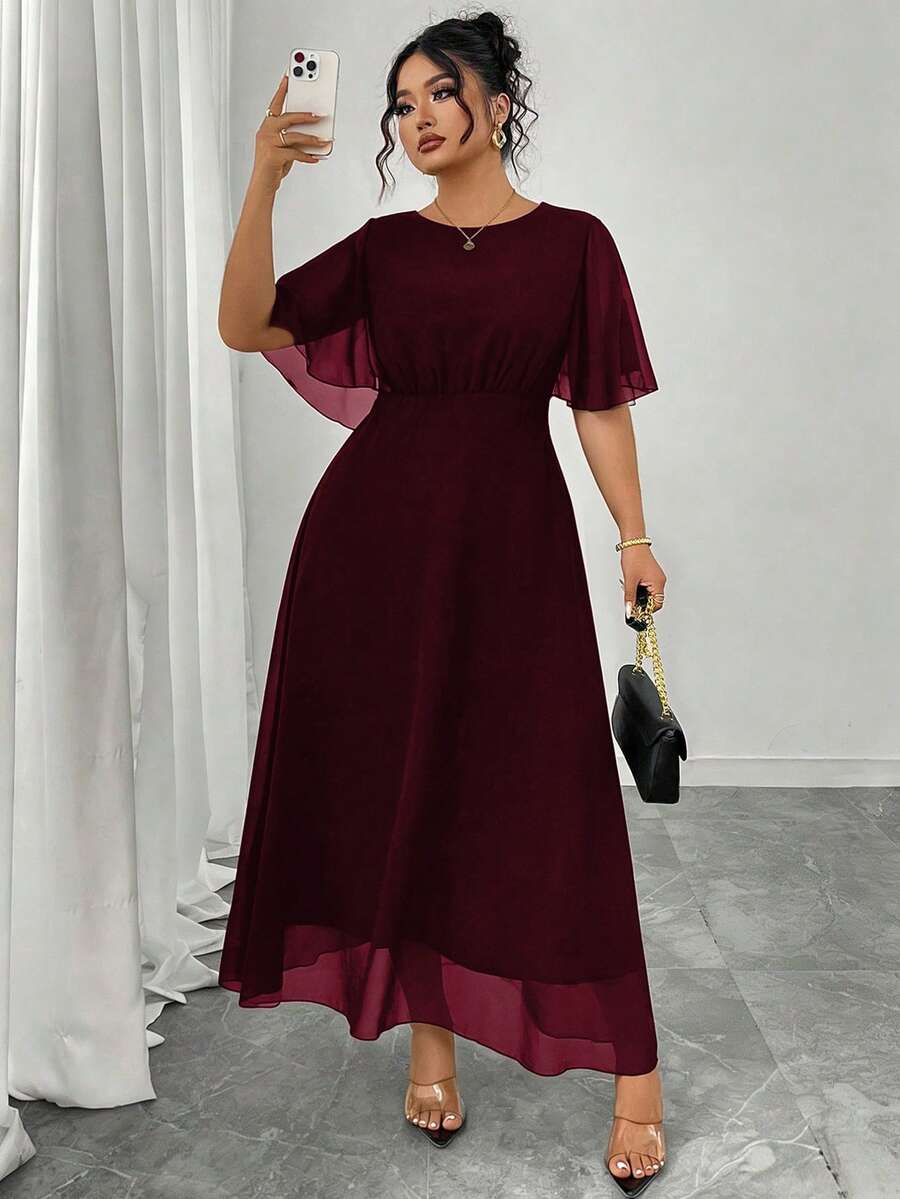Modelyn Plus Size Women Elegant Round Neck Ruffle Flare Sleeve Fitted Flowy Maxi Chiffon Dress, Spring/Summer - Burgundy - View 1