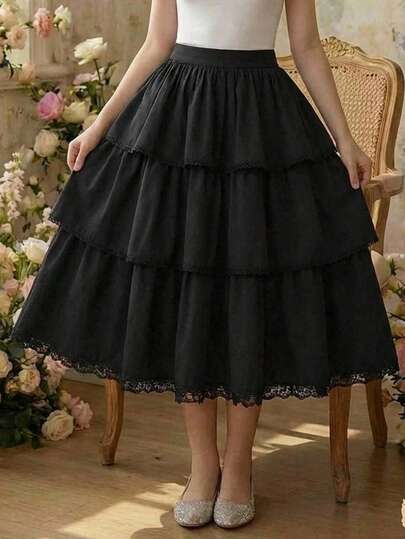 SHEIN Pitira Black Solid Color Embroidered Ruffle Hem Elastic Waist Elegant Skirt, Suitable For Summer And Vacation Lace Trim Skirt Lolita Skirt Ruffle Skirt Black Tiered Skirt Black Skirt For Girls Full Skirt Lolita Dress Black Skirt For Teen Petticoat Underskirt Girls Skirt Girls Underskirt
