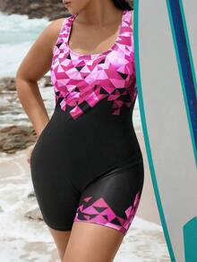 Swim SPRTY Bộ đồ bơi liền thân cỡ lớn dành cho nữ, in họa tiết ghép mảnh, khoét lưng, thích hợp cho bãi biển, lướt sóng và thể thao. - Màu Hồng Tươi - Xem 6