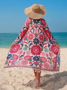 Swim Lushoire 女士印花和服罩衫，配可拆卸腰带，适合海滩、派对、度假等场合。 - 彩色 - 查看 2