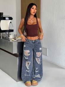 SHEIN PETITE Summer PETITE Women's Casual Summer Vacation Outfits For Women Pocket Distressed Wide Leg Loose Casual Frayed Hem Blue Washed Straight Leg Jeans - Dark Wash - View 2