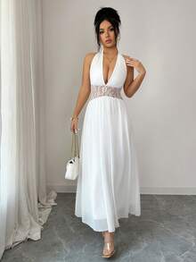 Elenzga 2026春夏新款女士优雅收腰度假蝴蝶结拼接长裙 - 白色 - 查看 8