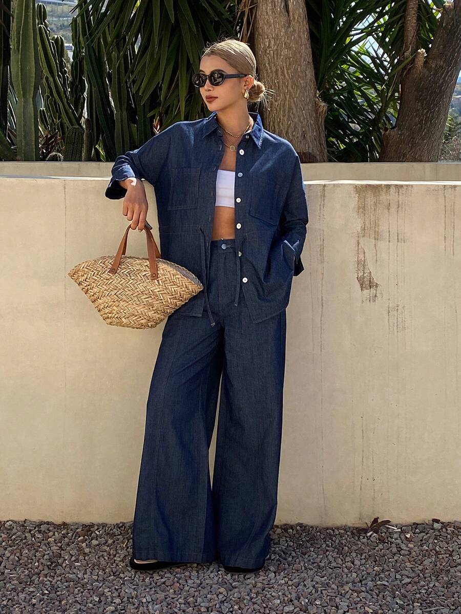 DAZY Women's Collared Waist Drawstring Denim Shirt And Loose Straight Leg Jeans Casual Denim Suit - Dark Wash - View 1