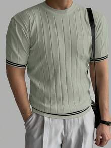 DAZY Camiseta de punto de cuello redondo de manga corta de unicolor de verano para hombre, versátil - Neblina azul - Ver 4