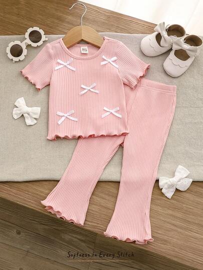 Cozy Pixies 2pcs Baby Girl Bow Decor Round Neck Short Sleeve Top And Elastic Waist Pants Set