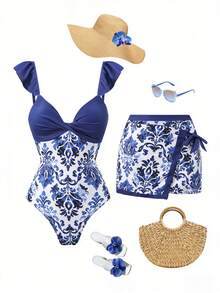 Swim Oasis Bộ đồ bơi nữ in hoa, váy xếp ly, kiểu dáng thường ngày, thích hợp cho kỳ nghỉ, gồm 2 mảnh, trang phục đi biển mùa xuân/hè/thu/đông, bộ đồ đi nghỉ mát cho nữ, trang phục dự tiệc bể bơi, trang phục câu lạc bộ bãi biển. - Xanh và trắng - Xem 1