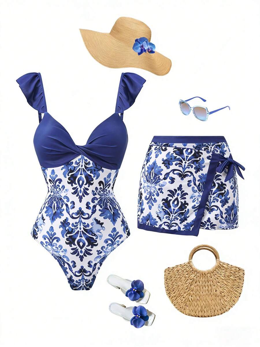 Swim Oasis Bộ đồ bơi nữ in hoa, váy xếp ly, kiểu dáng thường ngày, thích hợp cho kỳ nghỉ, gồm 2 mảnh, trang phục đi biển mùa xuân/hè/thu/đông, bộ đồ đi nghỉ mát cho nữ, trang phục dự tiệc bể bơi, trang phục câu lạc bộ bãi biển. - Xanh và trắng - Xem 1