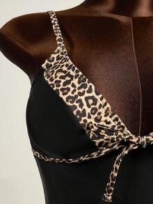 Zestiva Women's Leopard Print Lace-Up Spaghetti Strap Tankini Swimwear Set - Black - View 5