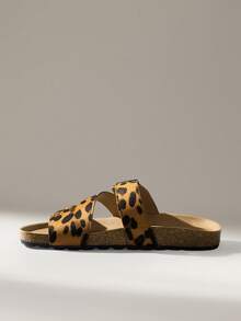 Solecia 女士夏季单扣豹纹圆头厚底拖鞋，个性化棕黑色绒面革，日常休闲街头风 - 豹紋 - 查看 4