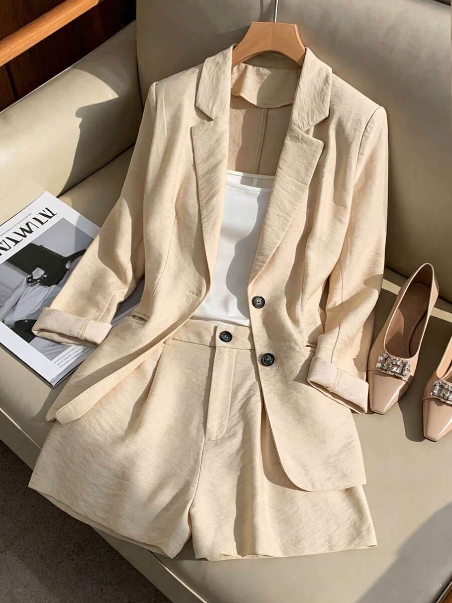 SHEIN Franclia 女士纯色翻领长袖外套和短裤休闲通勤套装 - 杏色 - 查看 1