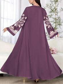 SHEIN Najma 女士花卉印花优雅长袖开衫，轻薄款阿巴雅式长袍，春秋季 - 彩色 - 查看 4