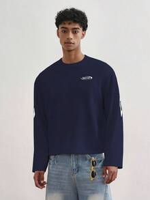 TOKVUE 男士休闲字母印花圆领长袖T恤 - 寶藍色 - 查看 2