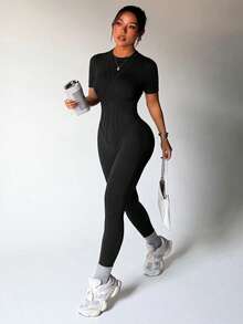 Slayform 无缝高弹力运动健身连体衣，性感镂空设计 - 黑色 - 查看 7