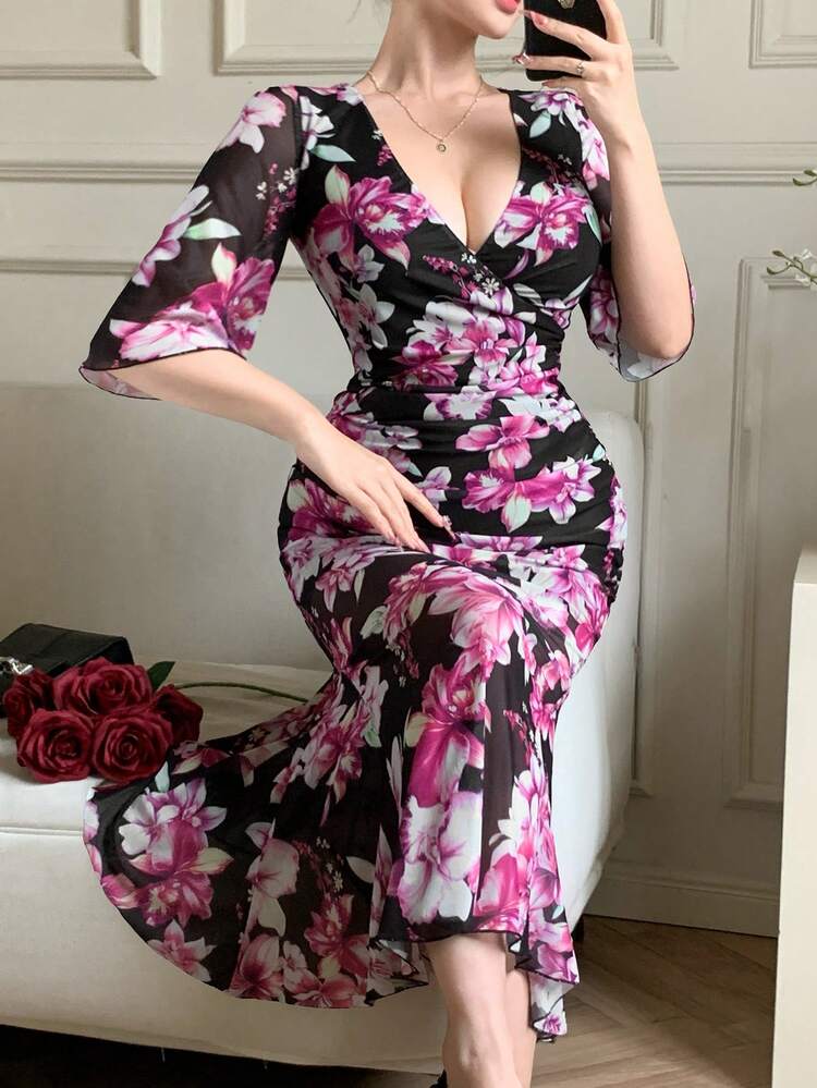 Spring & Summer Textured Floral All-Over Print Dress, Elegant For Valentine's Day, Wedding, Party, Formal Occasion, Fashion Event, Fitted Waist, Mesh Patchwork Fishtail Hem, Long Sleeve Dress Sundress