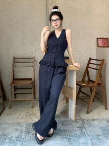 DAZY 春夏修身荷叶边无袖背心开衫上衣搭配直筒休闲裤套装，优雅通勤、浪漫约会、海滩度假皆宜 - 藏蓝色 - 查看 8