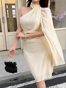 Feyla Vestido con cuello de bufanda elegante para mujer, para uso diario - Albaricoque - Ver 2