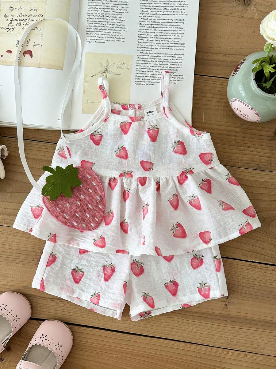 SHEIN Bộ 2 món gồm áo không tay và quần in hình dâu tây dễ thương, kèm túi hình dâu tây, thích hợp cho mùa xuân/hè, mặc trong nhà, ngoài trời, du lịch và mặc hàng ngày. - Nhiều màu - Xem 1