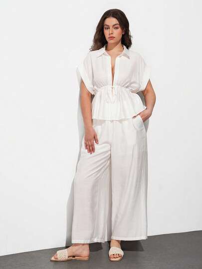 Maija Plus Size Solid Color Round Neck Short Sleeve Top And Pants 2 Pieces Set  St Patrick's Day Women Easter Summer Outfits Easter Dress Women Party Top Beach Dress Summer Holiday Outfits Each Vacation Outfits For Women  Summer Outfit For Women Going Out Outfits Graduation Graduation Outfit  Casual Dresses  Casual Blouses For Women