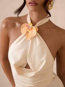 SHEIN Glamour Women's Elegant Floral Decor Draped Neck Solid Color Jumpsuit - Apricot - View 5