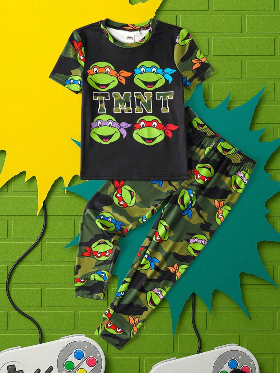 TEENAGE MUTANT NINJA TURTLES | SHEIN Young Boy Cartoon Green Camouflage Cute Casual Short Sleeve T-Shirt And Leggings Pajama Set - Black - View 1