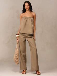 SHEIN BAE Bộ áo ống nhún bèo pha vải lanh và quần ống rộng cạp chun, trang phục thanh lịch, set đồ thường ngày, set đồ đi ăn trưa, set đồ đi nghỉ mát, set đồ mùa hè, bộ quần áo. - Màu Khaki - Xem 3